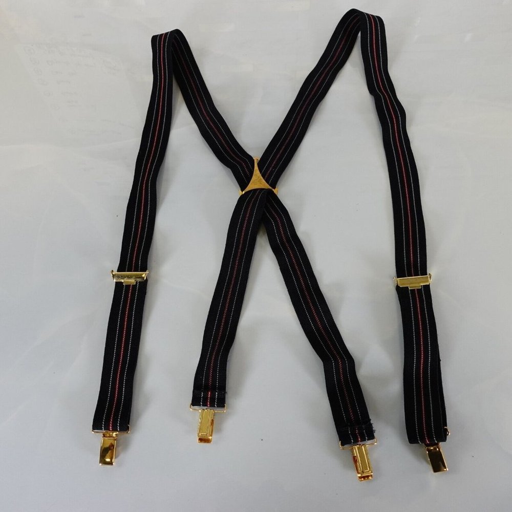 Suspender Mens Black Leather Clip On Adjustable Strap Stretch Striped X‎ Back